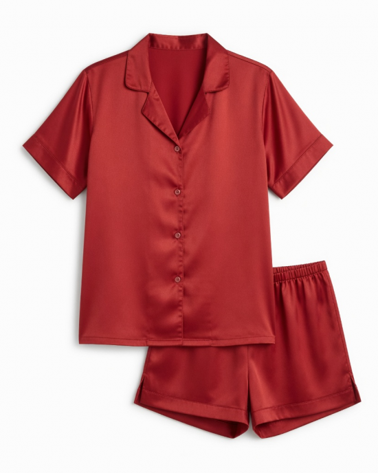 Set Clothing Sleep Pajamas Red Silky Shelf with capo Shorts Shirt Medium
