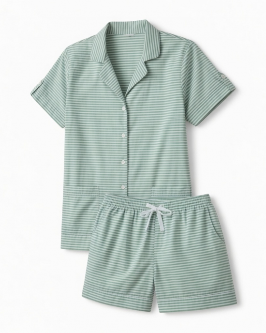 Set Pajamas Short Sleeve Striped Cotton Women Medium