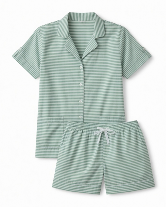 Set Pajamas Short Sleeve Striped Cotton Women Medium