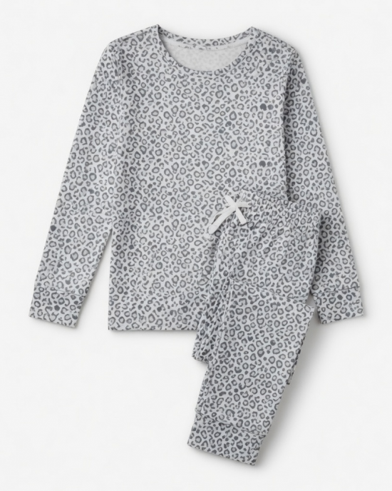 Womens Maria Pajama Set White Gray Leopard Print Heart Crew New