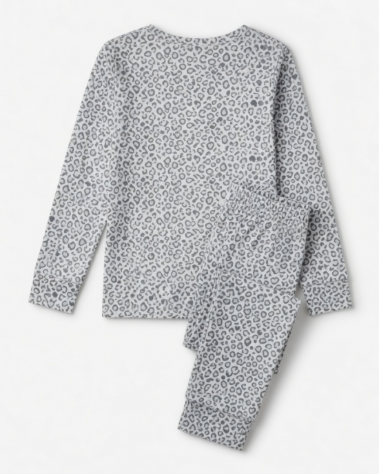 Womens Maria Pajama Set White Gray Leopard Print Heart Crew New