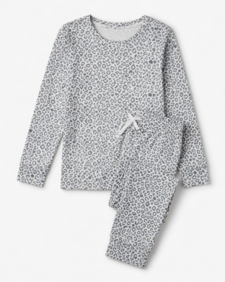 Womens Maria Pajama Set White Gray Leopard Print Heart Crew New