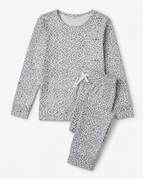 Womens Maria Pajama Set White Gray Leopard Print Heart Crew New