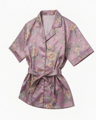 Vintage Floral Satin Robe And Slip Pajama Top
