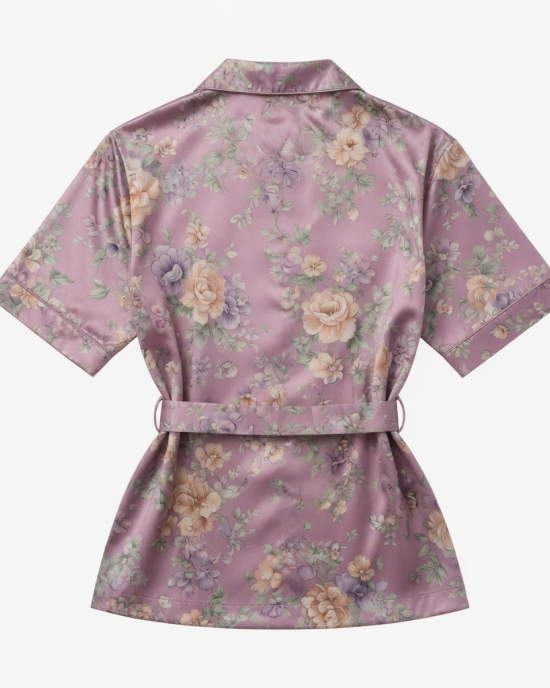 Vintage Floral Satin Robe And Slip Pajama Top