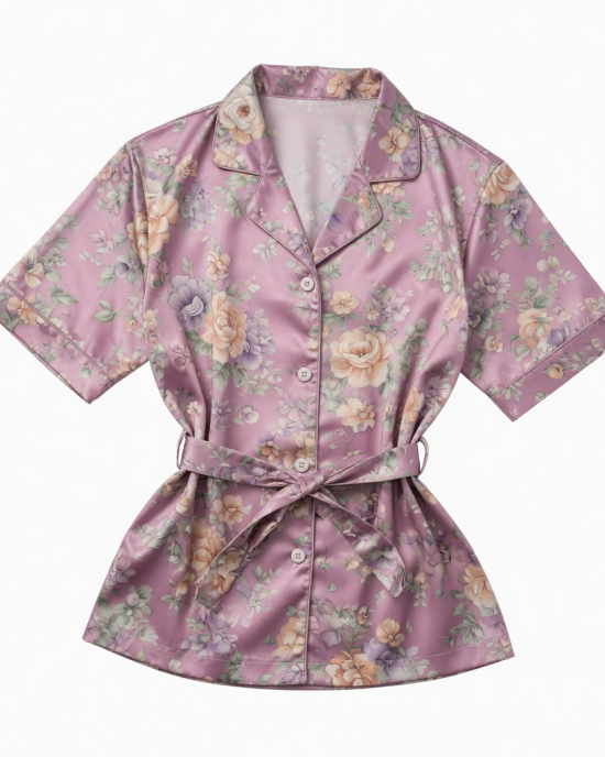 Vintage Floral Satin Robe And Slip Pajama Top