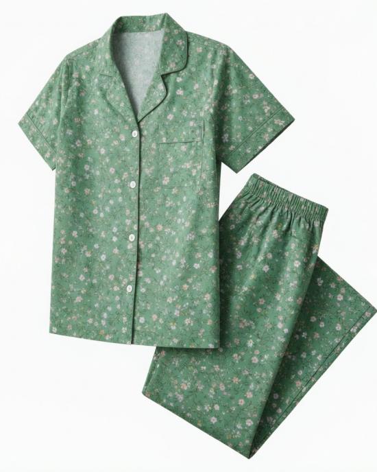 Green Cotton Floral PJ Set Womens Clothing Sleepwear Bridal Night Suit