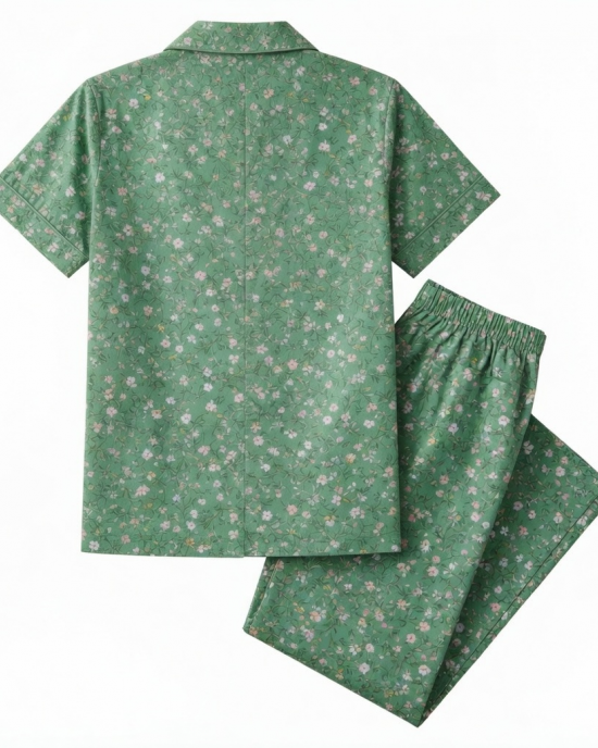Green Cotton Floral PJ Set Womens Clothing Sleepwear Bridal Night Suit