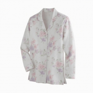 Womens Large White Floral Long Sleeve Button Front Sleepwear Pajama Top