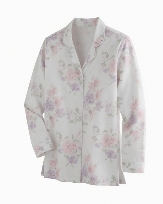 Womens Large White Floral Long Sleeve Button Front Sleepwear Pajama Top