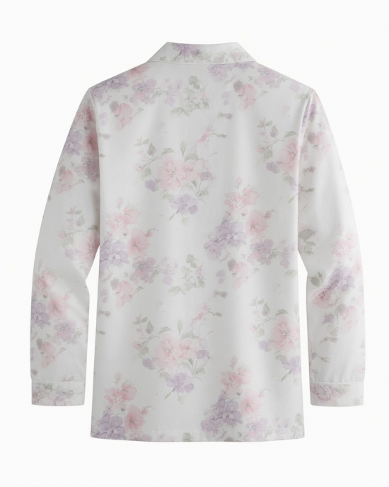 Womens Large White Floral Long Sleeve Button Front Sleepwear Pajama Top