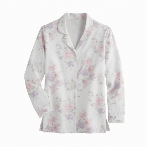 Womens Large White Floral Long Sleeve Button Front Sleepwear Pajama Top