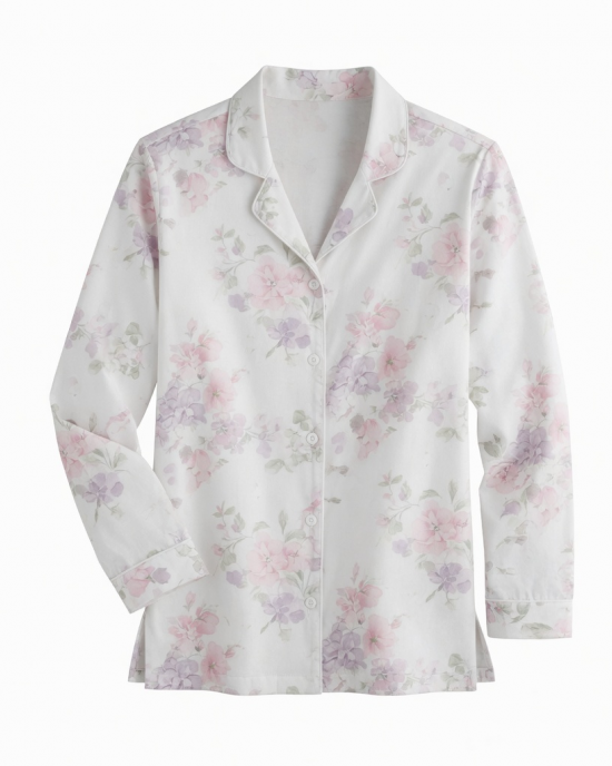 Womens Large White Floral Long Sleeve Button Front Sleepwear Pajama Top