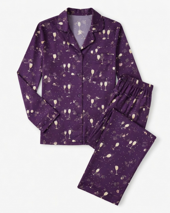 Champagne Print Pajama Set, Long Sleeve, Purple, Large