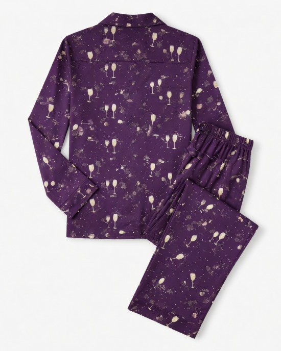 Champagne Print Pajama Set, Long Sleeve, Purple, Large