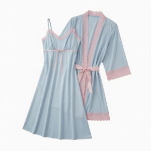 Pajama Set Nightgown Light Blue Nightwear Polyester Pink Lace Gown