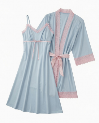 Pajama Set Nightgown Light Blue Nightwear Polyester Pink Lace Gown