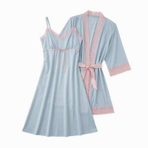 Pajama Set Nightgown Light Blue Nightwear Polyester Pink Lace Gown