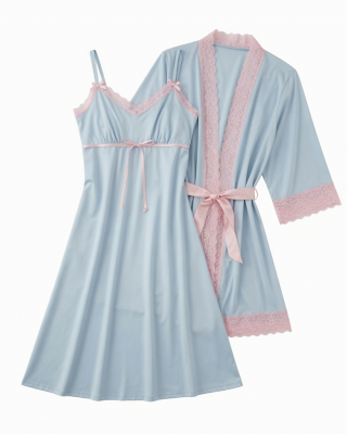 Pajama Set Nightgown Light Blue Nightwear Polyester Pink Lace Gown