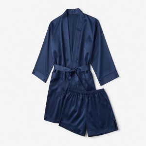 Men Silky Satin Robe Nightgown Suit Bathrobe Sleepwear Pajamas Set Shorts Belt