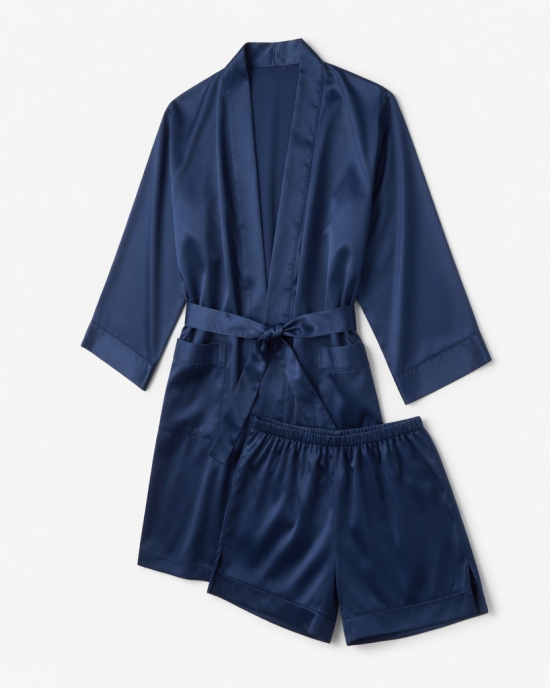 Men Silky Satin Robe Nightgown Suit Bathrobe Sleepwear Pajamas Set Shorts Belt