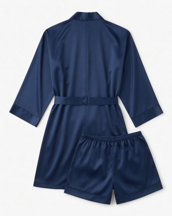 Men Silky Satin Robe Nightgown Suit Bathrobe Sleepwear Pajamas Set Shorts Belt
