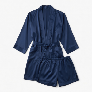 Men Silky Satin Robe Nightgown Suit Bathrobe Sleepwear Pajamas Set Shorts Belt