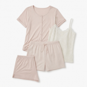 4 Piece Sleep Set, Top, Check Shorts and Lace Camisole