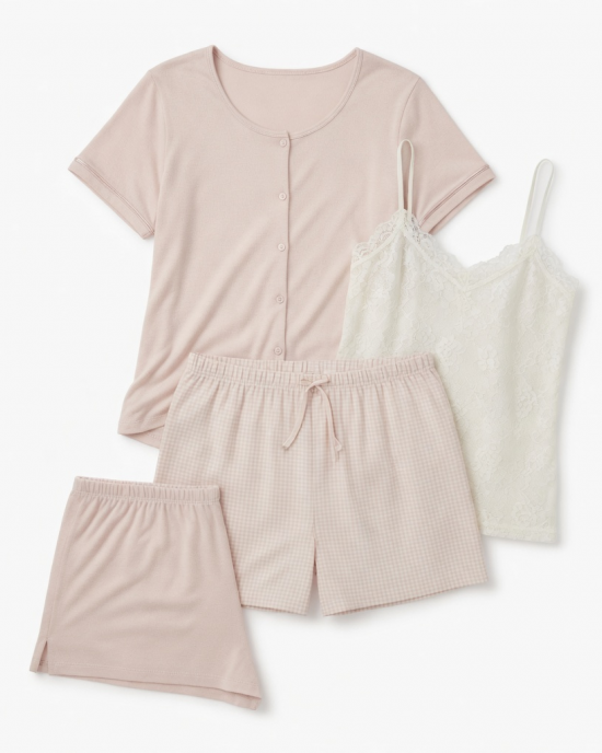 4 Piece Sleep Set, Top, Check Shorts and Lace Camisole