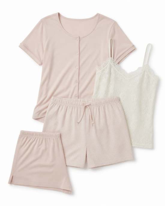 4 Piece Sleep Set, Top, Check Shorts and Lace Camisole