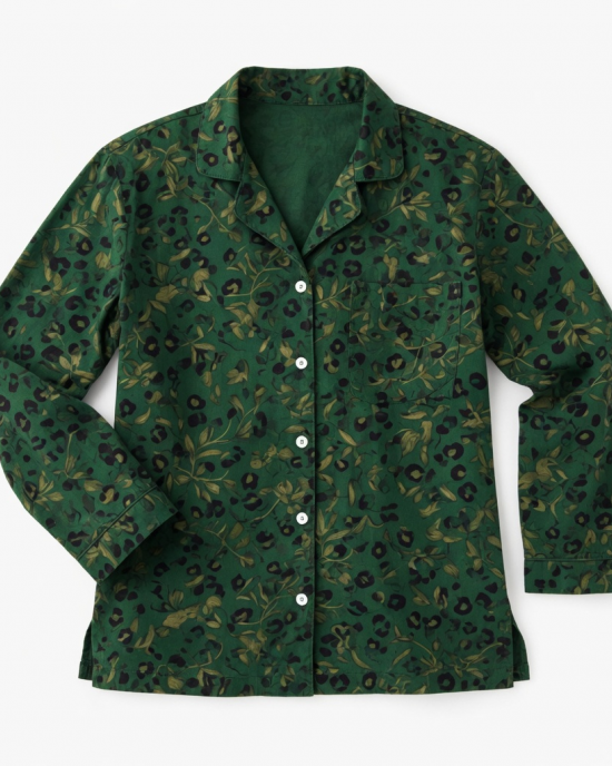 Women Green Leopard Jungle Pajama Top Cotton Long Sleeve Button Up