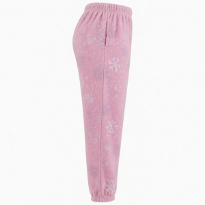 Women's Elastic Waist Fleece Loungewear Pajama Pants in Pink Snowflake