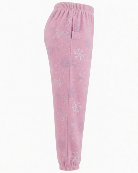 Women's Elastic Waist Fleece Loungewear Pajama Pants in Pink Snowflake