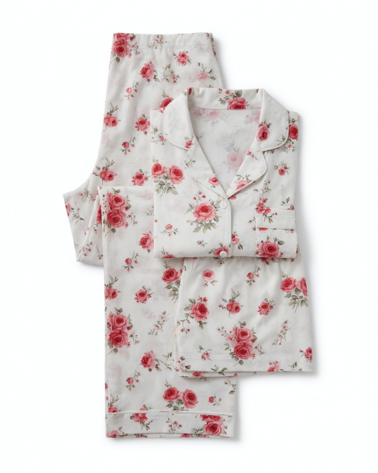 Women NY Pajamas Pants PJ Clothing Sleep Set 3 Piece White Red Roses