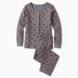 Medium Grey Red Snowflake Narrow Leg Scoop Neck Poppers Pajama Set