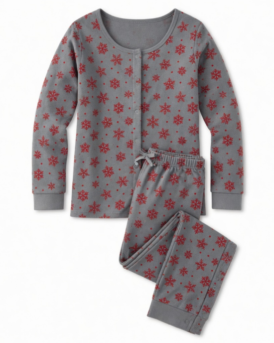 Medium Grey Red Snowflake Narrow Leg Scoop Neck Poppers Pajama Set