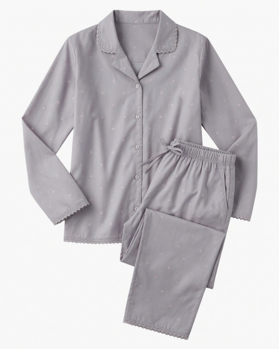 Set Pajamas Long Sleeve Women with Print Heart Detail Lace Clothing Casual