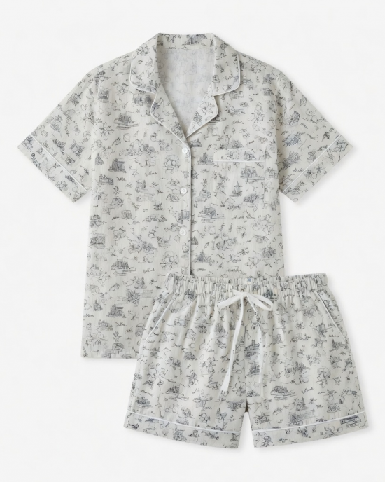Atlanta Toile Pajamas Two Piece Shirt Shorts Set Drawstring Flaw