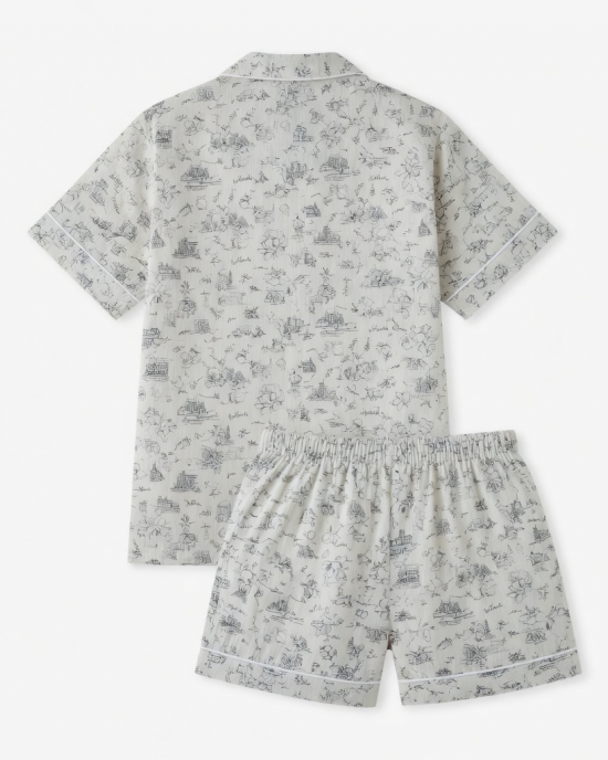 Atlanta Toile Pajamas Two Piece Shirt Shorts Set Drawstring Flaw