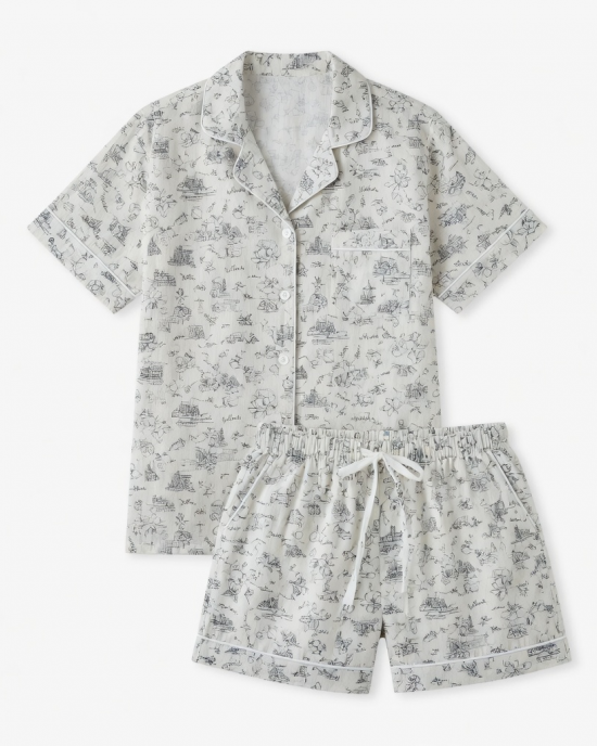 Atlanta Toile Pajamas Two Piece Shirt Shorts Set Drawstring Flaw