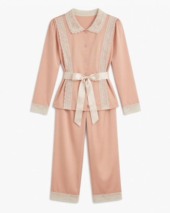 Elegant Pajamas with Bow Back Women with Design Splice Lace for All Seasons
