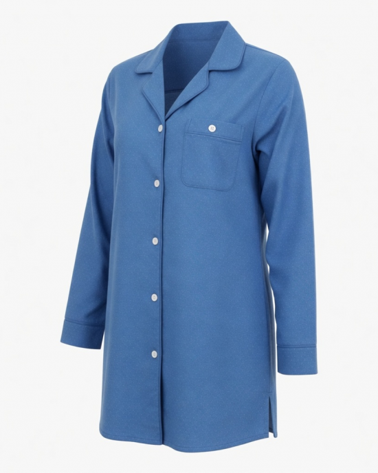 Womens Blue Pajama Sleep Shirt Button Up Long Sleeve Classic Fit