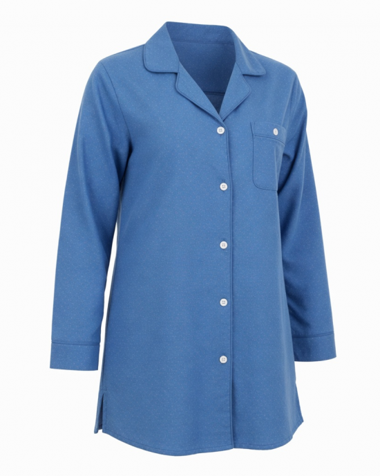 Womens Blue Pajama Sleep Shirt Button Up Long Sleeve Classic Fit