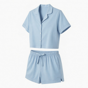 Womens Two Piece Cropped Pajama Set 100% Cotton Light Blue Lounge