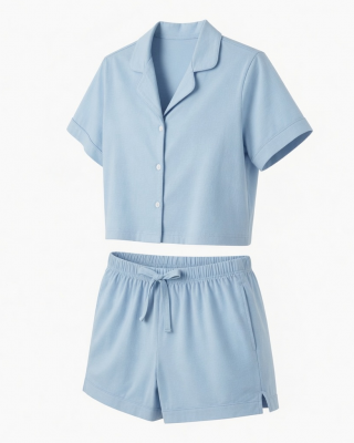 Womens Two Piece Cropped Pajama Set 100% Cotton Light Blue Lounge