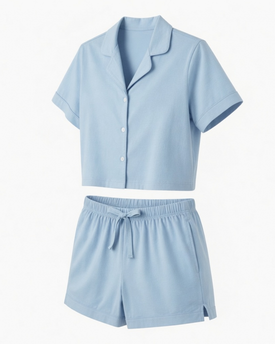 Womens Two Piece Cropped Pajama Set 100% Cotton Light Blue Lounge