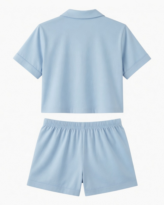 Womens Two Piece Cropped Pajama Set 100% Cotton Light Blue Lounge