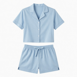 Womens Two Piece Cropped Pajama Set 100% Cotton Light Blue Lounge