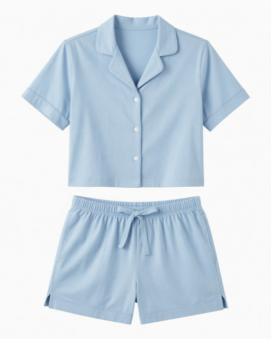 Womens Two Piece Cropped Pajama Set 100% Cotton Light Blue Lounge