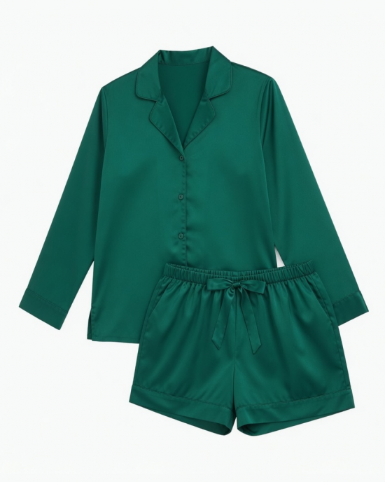 Womens 2 PC Pajama Set 0XL Green Satin Shorts